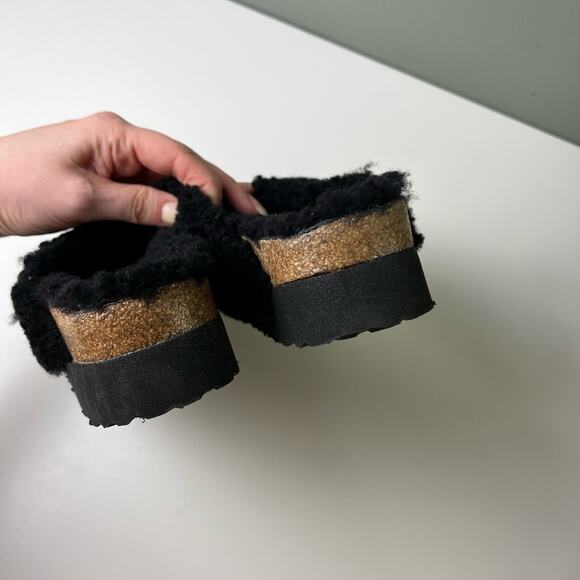 Birkenstock Black Shearling Cross Cork Papillo Daytona Platform Slide Sandal 5 - Picture 6 of 8
